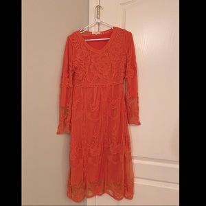 Coral Lace Midi Dress